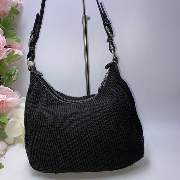 The Sak Black Crochet Shoulder Bag Leather Trim Medium - Picture 2 of 8